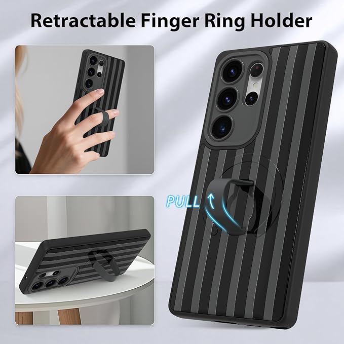 KANGHAR Compatible with Samsung Galaxy S25 Ultra Case, Support for MagSafe, Silicone Stripes Cute Pattern, Wristband Kickstand Camera Protection Soft Slim Cover for Girls Women -Black