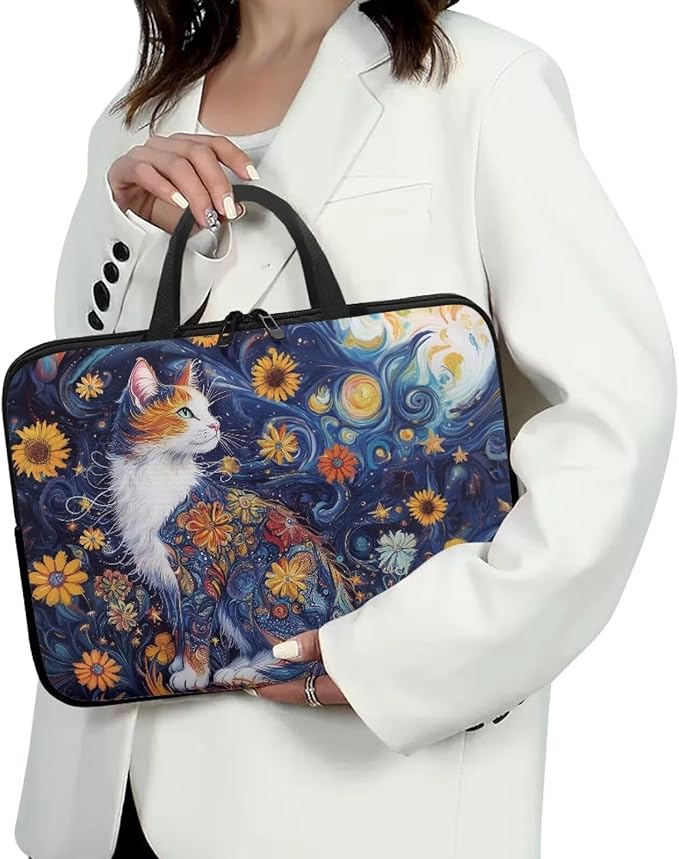 Starry Night Laptop Sleeve 12 Inch Laptop Protective Case Cute Cat Floral Computer Sleeve Neoprene Protective for 10-17 Inch Computer, Notebook, Chromebook, Tablet Bag