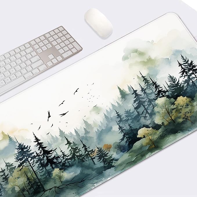 Arttown Green Ink Style Mountain Forest Mouse Pad Large Gaming Mat Non-Slip Desk Pad Keyboard and Mouse Desk Mat for Gamer, Office & Home, 31.5 x 15.7 in
