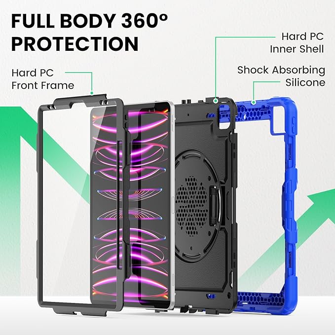 SEYMAC Case for iPad Pro 12.9 2022/2021/ 2020/2018, Heavy Duty Protection Shockproof Case with Screen Protector, 360° Rotating Stand/Handle/Shoulder Strap, Supports Pencil 2 Charging, Blue