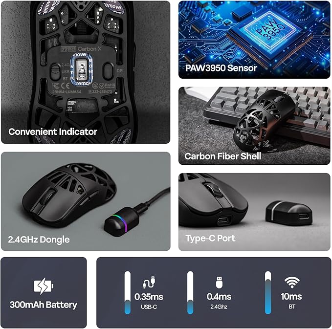 EPOMAKER Carbon X Wireless Gaming Mouse, 400 to 30,000 DPI Adjustable, PAW3950 Sensor, 50g Lightweight, Carbon Fiber Shell, 2.4G/BT/USB-C Rechargeable Wireless Mouse for PC/Mac/Linux (Matte Black)