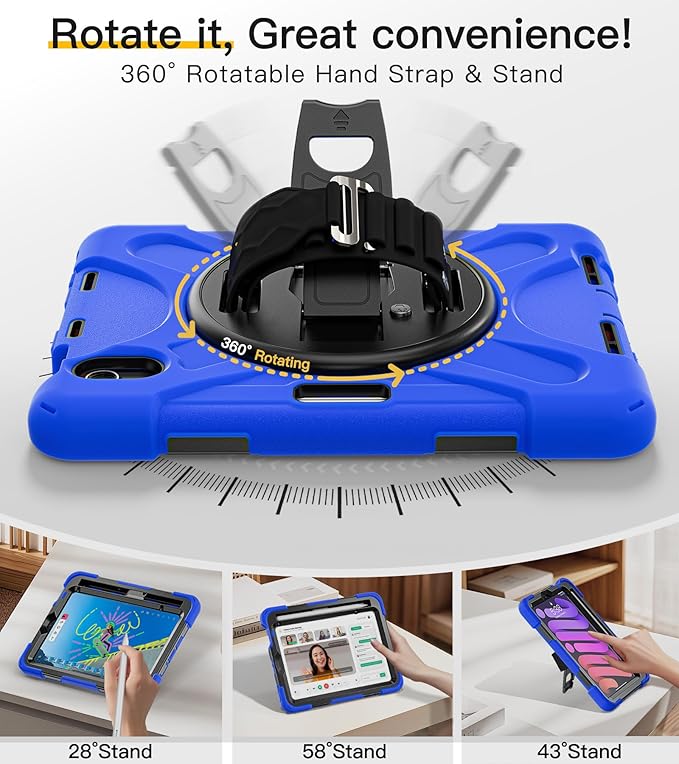 BRAECN for iPad mini 7(A17 Pro)/ 6 case 2024/2021 8.3 inch Heavy Duty Shockproof Protective with Pencil Holder Screen Protector 360°Rotating Stand Handle Full Body Cover Shoulder Strap Kids Friendly