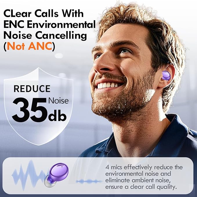 Lanteso True Wireless Bluetooth 5.4 Earbuds, 48H Playtime,Light Weight Headphones in Ear Buds Built in Mic Headset Premium Sound with Deep Bass,Clear Calls Earphones for Sports Workout Purple