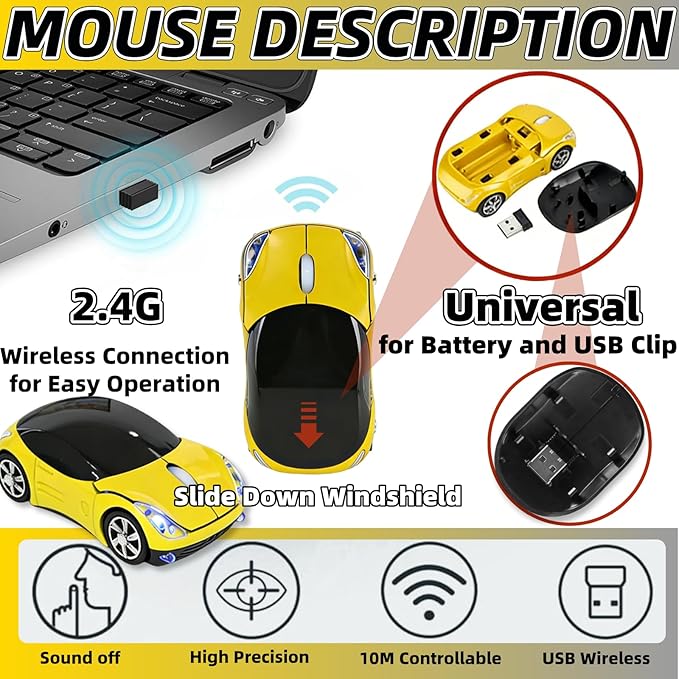 Yellow Wireless Mouse，Mini Car Computer Mouse，1600DPI 2.4G with USB Receiver, Ergonomic Cute Computer Mice for Laptop, PC, Windows, Mac OS (Yellow)