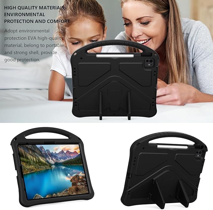 Dteck for iPad Air 13 Inch M2 2024/iPad Pro 13 inch 2024 M4 Kids Case/iPad Pro 12.9 Cover 6th/5th/4th/3rd Gen 2022/2021/2020/2018 with Pencil Holder Handle Stand EVA Protective Girl Boy Case,Black