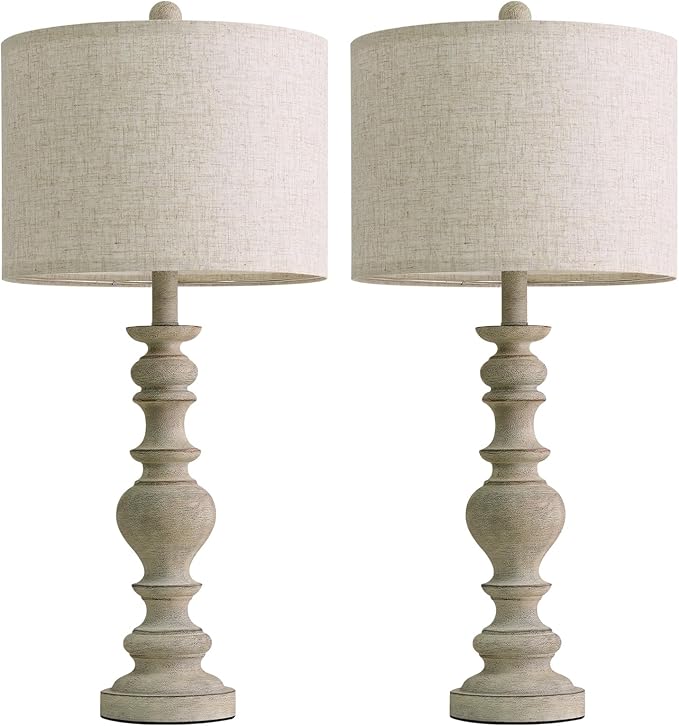 BOBOMOMO 27" Antique Gray Table Lamps Set of 2, Large Farmhouse Resin Lamps with Linen Shades, Vintage Gray Lamps for Living Room, Bedroom, or Console Table Rustic Traditional Décor