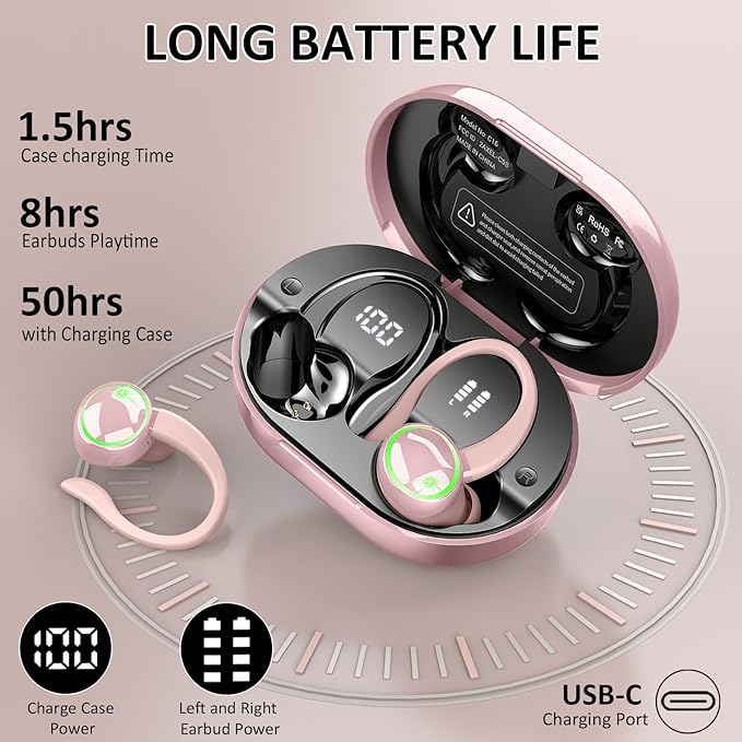 Matast Wireless Earbuds, Bluetooth Headphones Sports, IP7 Waterproof Headset with Earhook Workout, 50H Playback Over-Ear Buds with ENC Noise Cancelling Mic, Deep Bass Fitness Earphones Gym Running