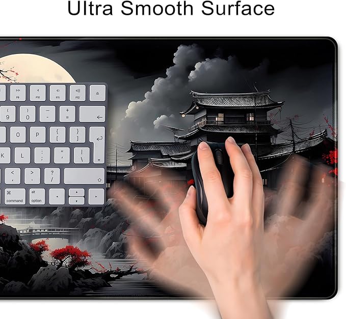 Riverside Full Moon Desk Mat Japanese Desk Pad Black Red Large Mouse Pad Gaming Mousepad Extended XXL Keyboard Pad 31.5 x 11.8 in Laptop Computer Mouse Keyboard Mat for Office Decor
