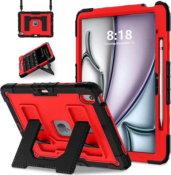 Kids Friendly Case for iPad Air 13 Inch M4 M3 M2 2026/2025/2024 Case with Pencil Holder & Shoulder Strap, Military Grade Shockproof Kickstand Hard Shell Protective Cover,Black+Red