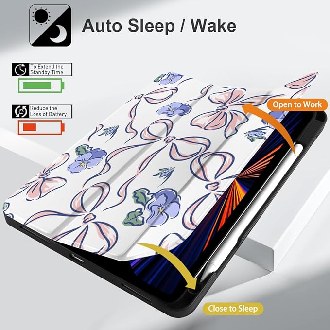 DONGKE Case for iPad Pro 12.9 inch 6th Generation 2022, Built-in Pencil Holder + Trifold Stand + Auto Wake/Sleep + Protective Cover for iPad Pro 12.9 5th/4th/3rd Gen- Pansies Flower
