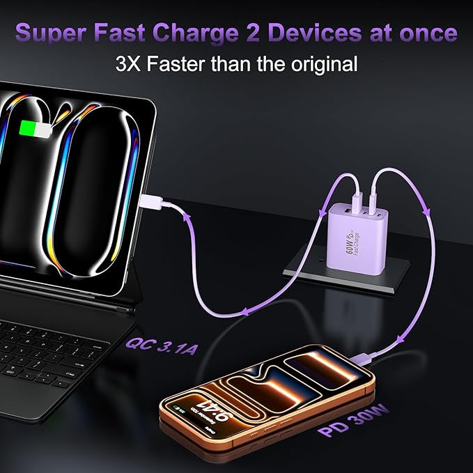 USB C Fast Wall Charger Block, 2Pack 60W USBC Charging Cubes, 5-Port PD+QC Power Adapter Multiport Brick Type C Box Plug for Phone 17/16/15/14/13/12/11/Pro Max/Plus, Pad Mini/Pro/S25/S24-Lavender
