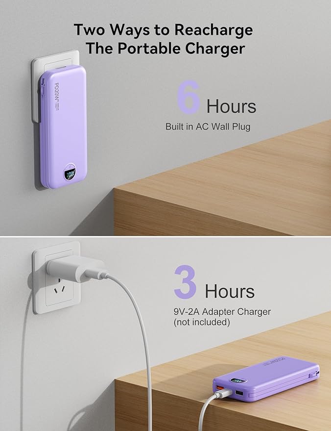 10000mAh Ultra-Portable-Charger-Power-Bank with Built in Cables&AC Wall Plug, PD20W USB-C Fast Charging Cell Phone Charger Battery Pack,LED Display Travel Battery Bank for All iPhone,Samsung,Android