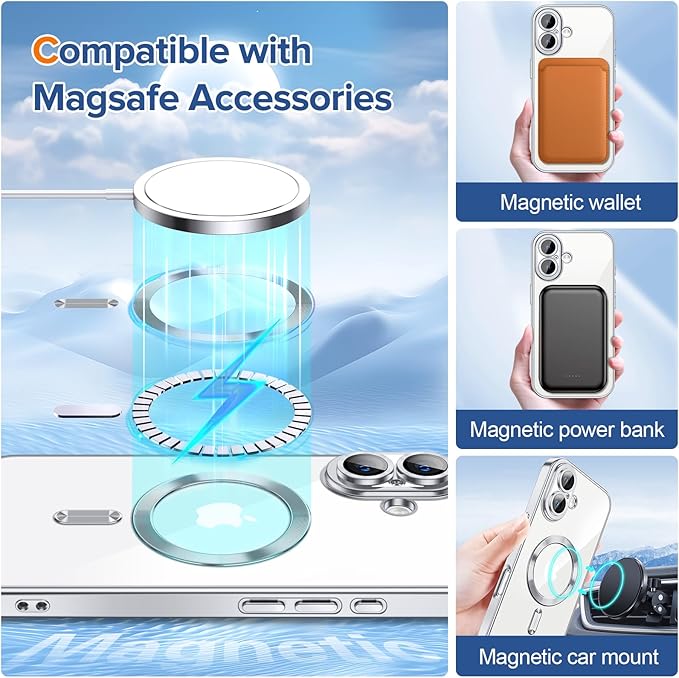 Hython Magnetic Clear for iPhone 16 Case with Camera Lens Protector [Compatible with MagSafe] Luxury Plating Edge Slim Soft TPU Cover Protective Phone Case for iPhone 16 6.1", Silver