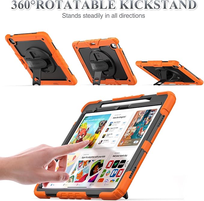 SEYMAC stock Case for iPad Air 13-inch M4-M2 2026-2024 (Gen 8-6), Shockproof Heavy Duty Case with Screen Protector, Pencil Holder, Rotating Stand, Hand Strap, Shoulder Strap, Orange