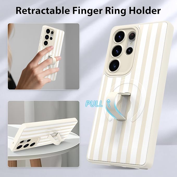 KANGHAR Compatible with Samsung Galaxy S25 Ultra Case, Support for MagSafe, Silicone Stripes Cute Pattern, Wristband Kickstand Camera Protection Soft Slim Cover for Girls Women -White