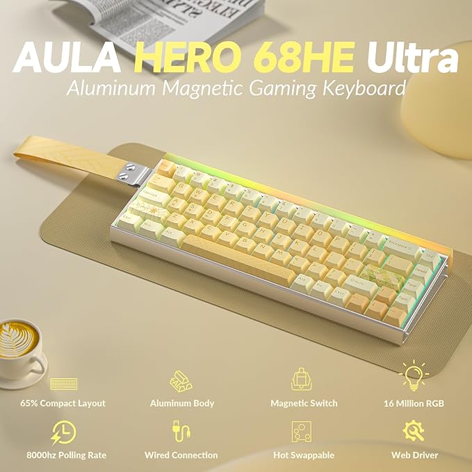 AULA Hero 68 HE Ultra - Wired Gaming Keyboard with Hall Effect Magnetic Switch, CNC Aluminum Frame, 8KHz Polling Rate, RGB Box & Backlight, Adjustable Actuation, 65% Compact Small Gamer Keyboards