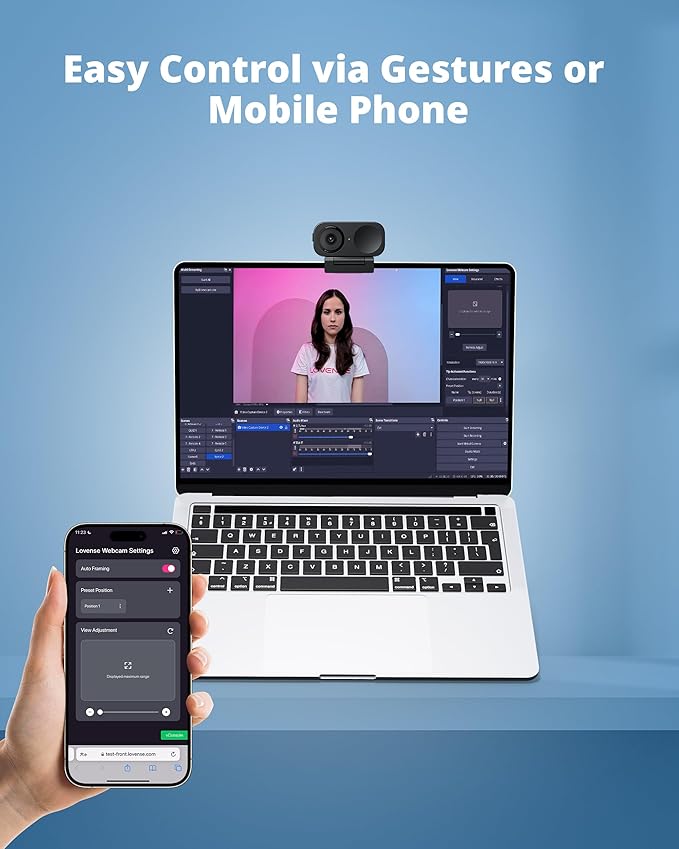 LOVENSE Webcam 2 4k for PC, Live Streaming Camera 1/2" Sensor True Focus Al Noise Canceling, Hand Gesture Control, Mobile Control, Auto Framing, Customizable Audio Modes, Microphones, Privacy Control