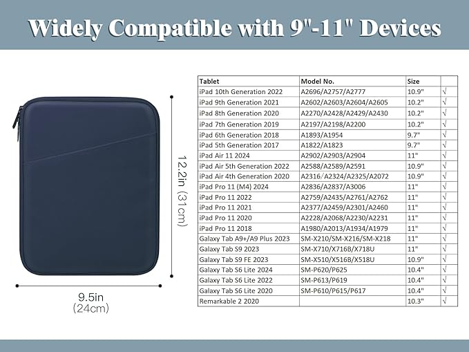 TiMOVO 9-11" Tablet Sleeve Bag for iPad 11-inch A16 2025, iPad 10.9"/10.2"| Air 11 Inch/5th/4th Gen. 10.9", Galaxy Tab A9+/A11Plus 11", Protective Bag with Pocket, Space Gray