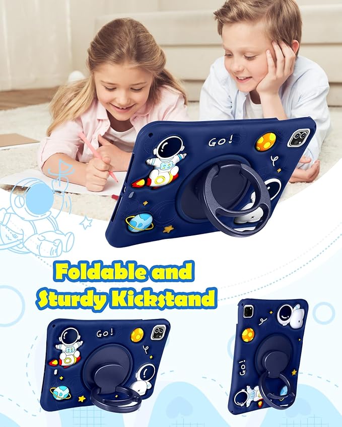 Wazzasoft for iPad Air 5th/4th Generation Case/Pro 11 Case Boys Cute Astronaut Cover Kawaii 3D Cartoon Spacemen with Rotating Handle Stand+Strap Silicone Funda for Apple iPad Air Cases 5/4 Gen, Pro 11