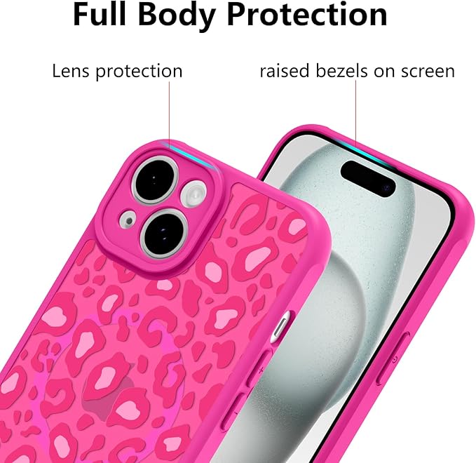 KANGHAR Case for iPhone 15 Hot Pink Leopard Printed Pattern Cute Cheetah [Compatible with Magsafe] Protective Magnetic Case for Girls Women 6.1"