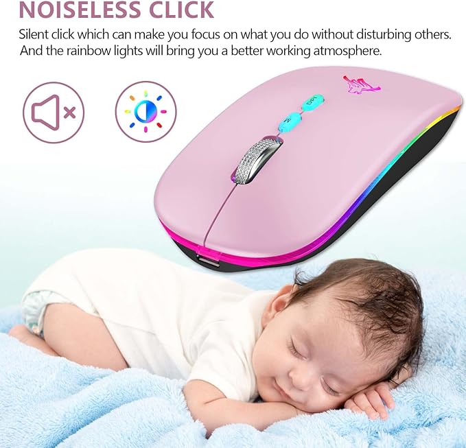 HOTLIFE LED Wireless Mouse, Slim Rechargeable Wireless Bluetooth Mouse, 2.4G Portable USB Optical Computer Mice with USB Receiver and Type C Adapter (Pink)