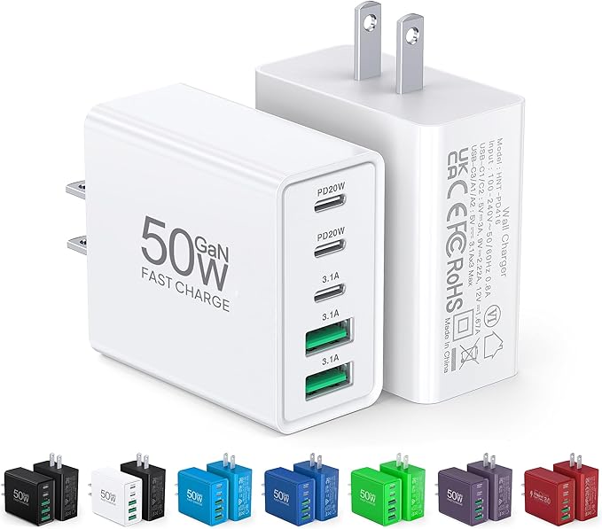 [2-Pack] USB C Wall Charger,50W 5-Port PD Fast USB C Charging Block,2USB C+3USB A Multiport Plug,Type C Power Adapter Brick Cube for iPhone 17/16/15/14/13/12/Pro Max/XS,iPad,for Switch,Samsung,Ultra 2