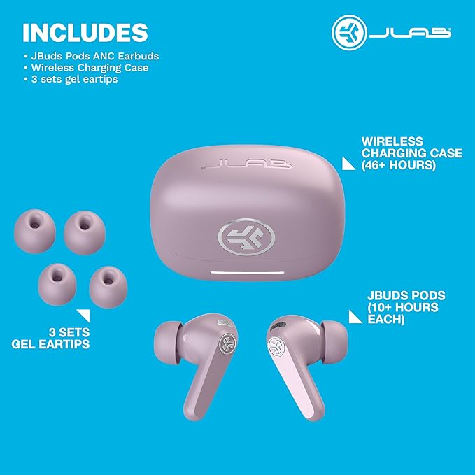 JLab, JBuds Pods ANC, True Wireless Earbuds, Active Noise Cancelling, Bluetooth Multipoint, Mauve