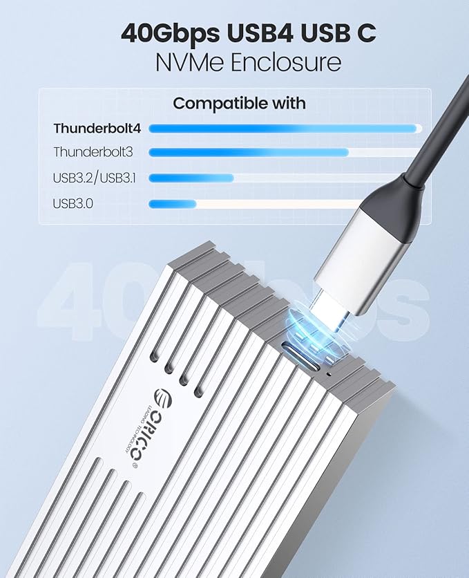 ORICO 40Gbps NVMe SSD Enclosure, M.2 to USB-C Adapter for NVMe M-Key 4TB SSD 2280, Aluminum M2 External SSD Case, Compatible with Thunderbolt 3/4 USB3.2/3.1/3.0/Type-M234-Silver