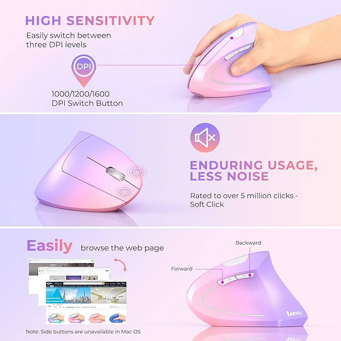 Lekvey Ergonomic Mouse, USB C Wireless Vertical Mouse, Dual Mode Rechargeable USB-A & Type-C Ergo Mouse, 1600 DPI, Relieves Wrist Pain and Carpal Tunnel, for Laptop Computer Mac MacBook, Pink Purple