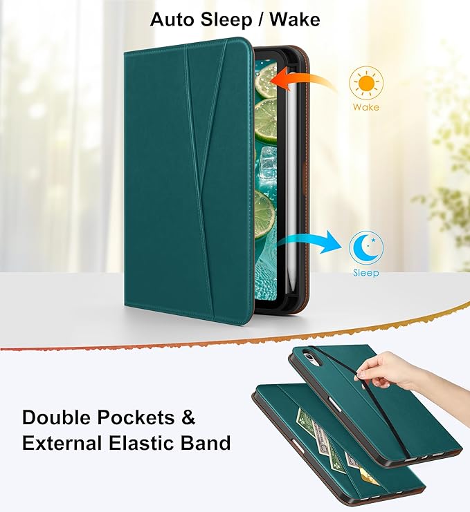 DTTO for iPad mini 7 (A17 Pro) Case, iPad mini 7th / 6th Generation Case (2024/2021), 360 Degree Rotating Premium Leather Folio Stand Cover with Pencil Holder, Green