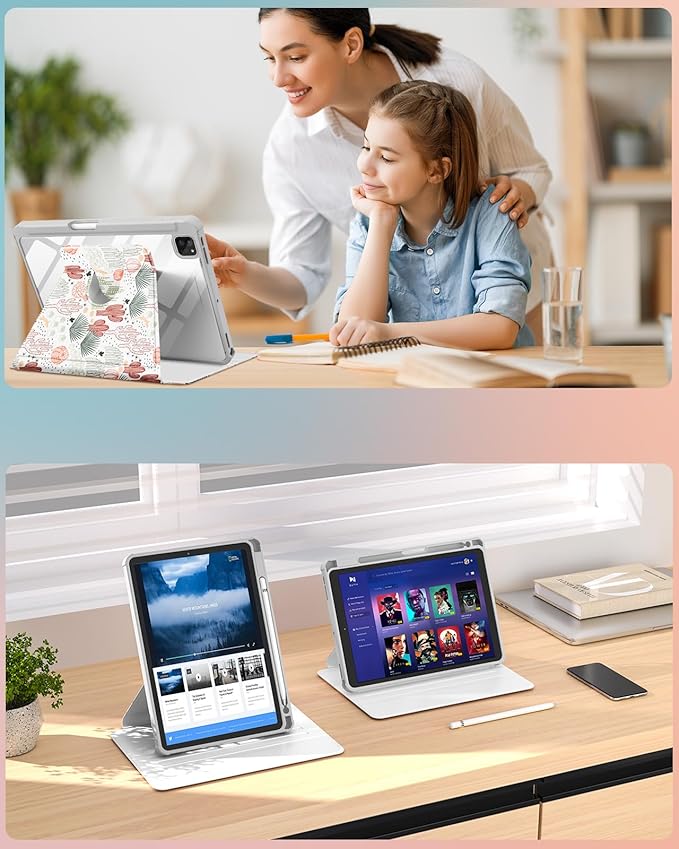 Uppuppy for iPad Air 11 inch Case, Air 5th/4th Generation 10.9, Pro 11'' Case Women Girls for Apple Pencil Holder Cute Plants Rotating Folio Cover for iPad Air 11 2024 (M2), 10.9 2022 2020, Pro 11