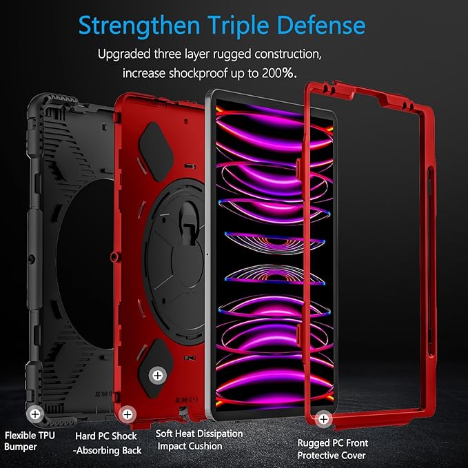 Miesherk Case for iPad Pro 12.9 Inch 6th/5th/4th Generation, Military Grade Heavy Duty Shockproof iPad Pro 12.9 Case - Rotating Stand, Pencil Holder, Hand/Shoulder Strap, Red+Black