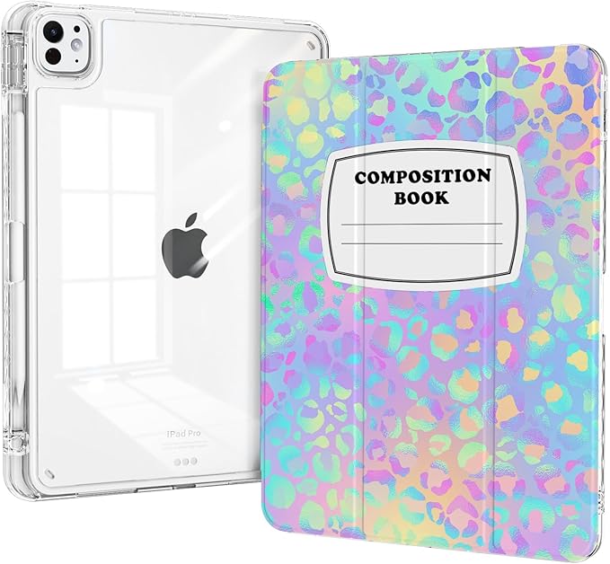 Shockproof Case for iPad Pro 13 Inch M5 2025 & M4 2024 with Pencil Holder, Stable Trifold Stand, Slim Transparent Clear Back Cover, Auto Wake/Sleep, Leopard Composition Book