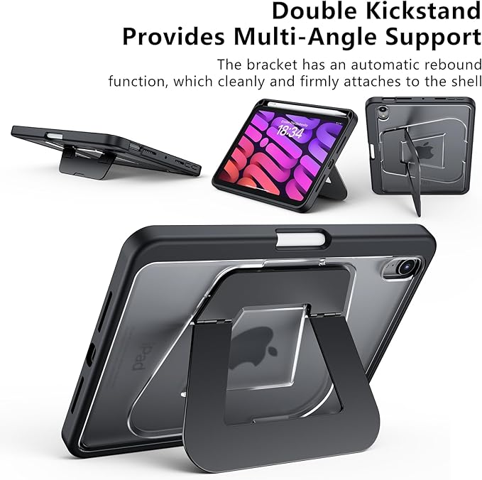 Case for iPad mini 7 A17 Pro 2024/iPad Mini 6 2021 8.3 Inch/iPad mini 7th/6th Gen Case,Dual Multi-Angle Adjustable Kickstand Protective Cover with Built-in Pencil Holder,Hard Backplate,Black