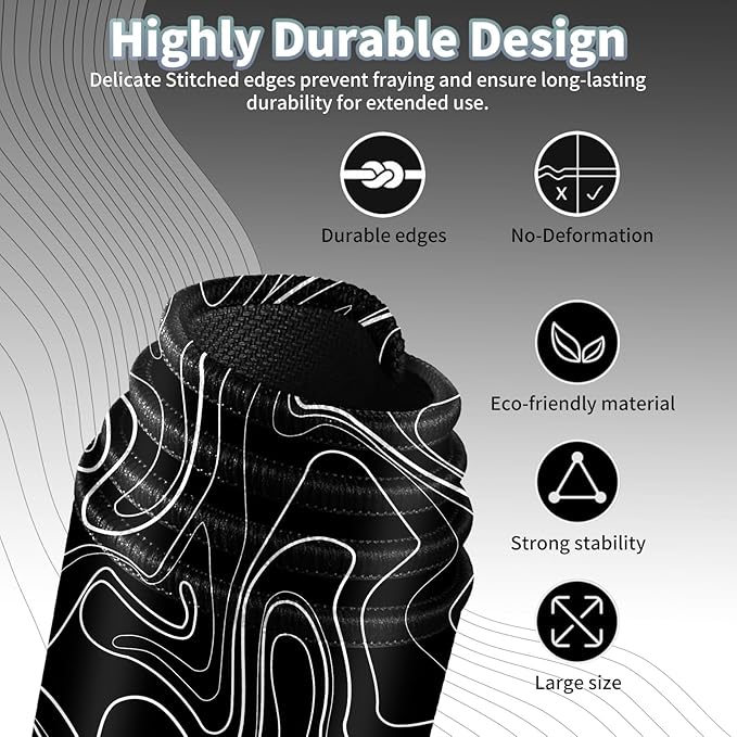 Topographic Map Large Mouse Pad, Black White Desk Pad for Keyboard and Mouse, 31.5" X 15.7" Computer Gaming Mouse Mat with Non-Slip Rubber Stitched Edge for Laptop Gamer, Black Lines Contour