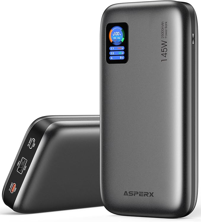 AsperX Laptop Power Bank, 25,000mAh 140W PD 3.1 Fast Charging Portable Charger, TFT Smart Display USB C Battery Pack(92.5Wh) for MacBook/iPhone 17/Dell XPS/Galaxy S25/Steam Deck/ipad (Flight-Approved)