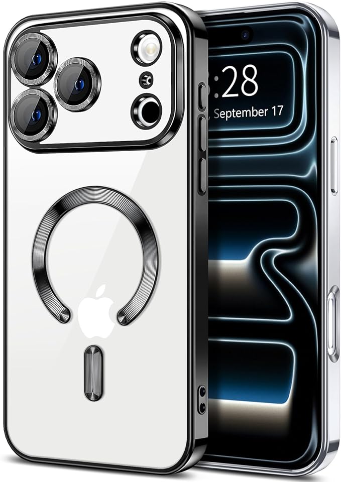 Hython Magnetic Clear for iPhone 17 Pro Case with Camera Lens Protector [Compatible with MagSafe] Luxury Plating Edge Slim Soft TPU Cover Protective Phone Case for iPhone 17 Pro 6.3", Black