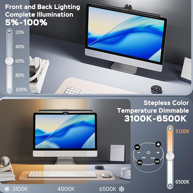 OOWOLF Monitor Light Bar with Remote, Ra95 Computer Monitor Lamp for Eye Caring, USB Reading Lamp Task Lamp, Dimmable Light Bar with Backlight, No Glare Space Saving Home Office 16.14" 1-Pack