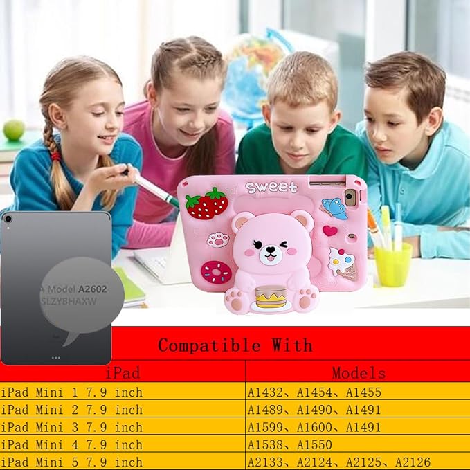 3D Cute Bear Case for iPad mini 1st 2nd 3rd 4th 5th Gen 7.9 inch,Kawaii Cartoon Pretty Sweet Bear Soft Silicone Foldable Stand Case with Lanyard for Kids Teens Girls Women