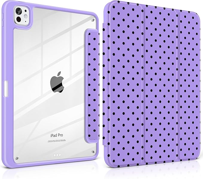 Case for iPad Pro 11 Inch (M5 2025 M4 2024) – [Built-in Pencil Holder], Shockproof & Stylish, Clear Hard Back + Soft TPU Edge, Magnetic Trifold Stand, Auto Wake/Sleep, Purple Polka dot