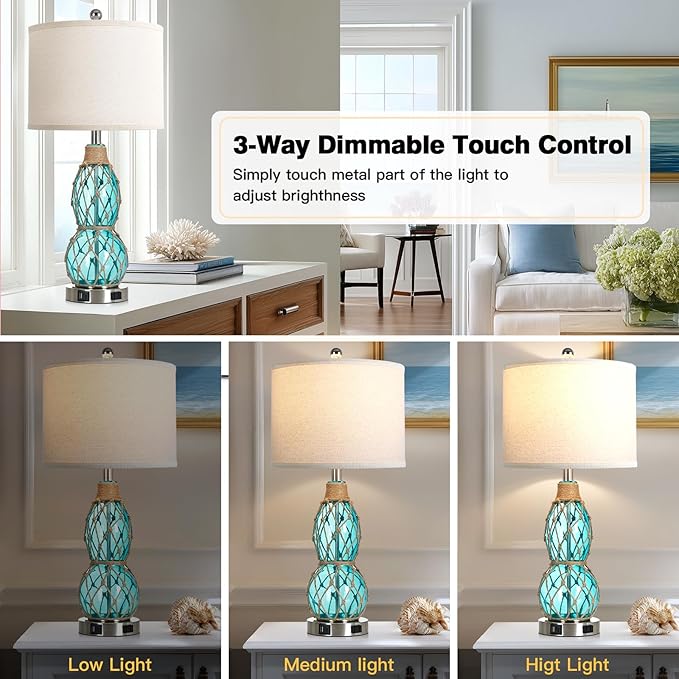 Rinweey 26" Coastal Glass Table Bedside Lamps Set of 2, 3-Way Dimmable Touch Lamps with USB Ports and AC Outlet, Nautical Nightstand Lamps for Bedroom Living Room,Teal