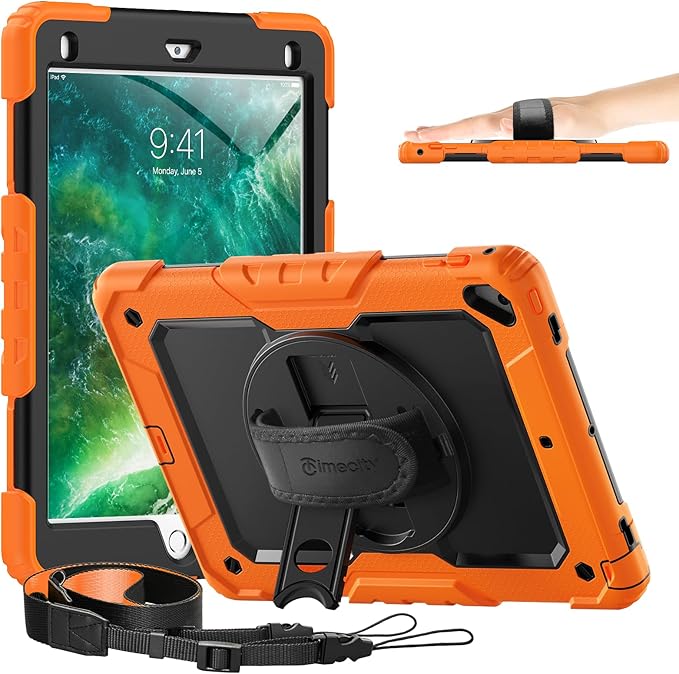 Timecity Case for iPad 6th/5th Generation, for iPad 9.7 Inch Case with Screen Protector Rotating Stand/Hand Strap Full-Body Silicone+PC Durable Protective Case for iPad 5th/6th /Air 2/Pro 9.7- Orange