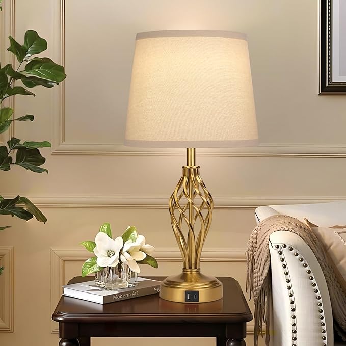 Ruiever Touch Table Lamps Set of 2, nightstand lamp with USB Ports Bedside 3 Way Touch dimmer Desk lamp for Living Room Bedroom,Gold Plated Spiral cage Base Design Warm White dimmer Bulbs Included.