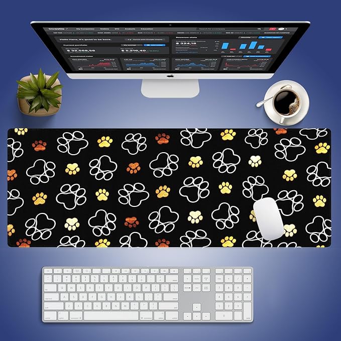 Extra Large Gaming & Office Mouse Pad (31.5" x 11.8") – Abstract Cute Dog Paw Prints Gold and White Design, Premium Anti-Slip XXL Desk Mat with Durable Stitched Edges