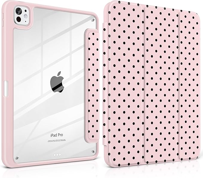 Case for iPad Pro 13 Inch (M5 2025 M4 2024) – [Built-in Pencil Holder], Shockproof & Stylish, Clear Hard Back + Soft TPU Edge, Magnetic Trifold Stand, Auto Wake/Sleep, Pink Polka dot