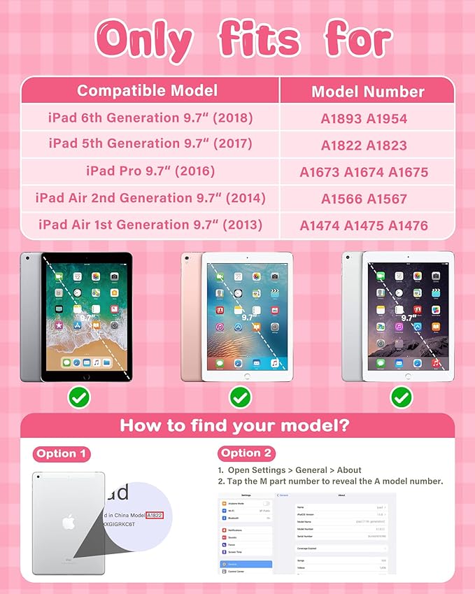 Kids Case for iPad 5th/6th Generation (9.7 inch, 2017/2018) & iPad Air 1/2 9.7" & Pro 9.7, Durable Shockproof Lightweight Kids Cover with Shoulder Strap/Handle/Kickstand, Light Pink