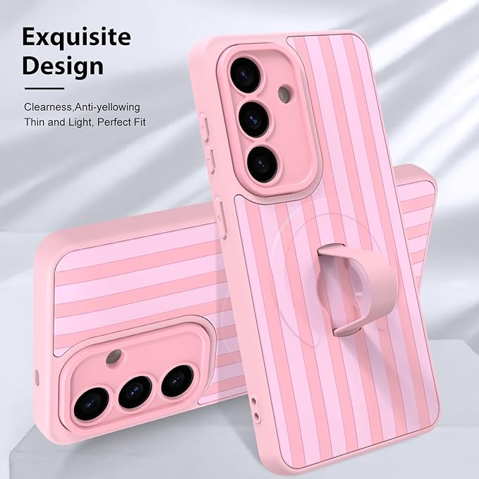 KANGHAR Compatible with Samsung Galaxy S26 Case, Support for MagSafe, Silicone Stripes Cute Pattern, Wristband Kickstand Camera Protection Soft Slim Cover for Girls Women -Pink