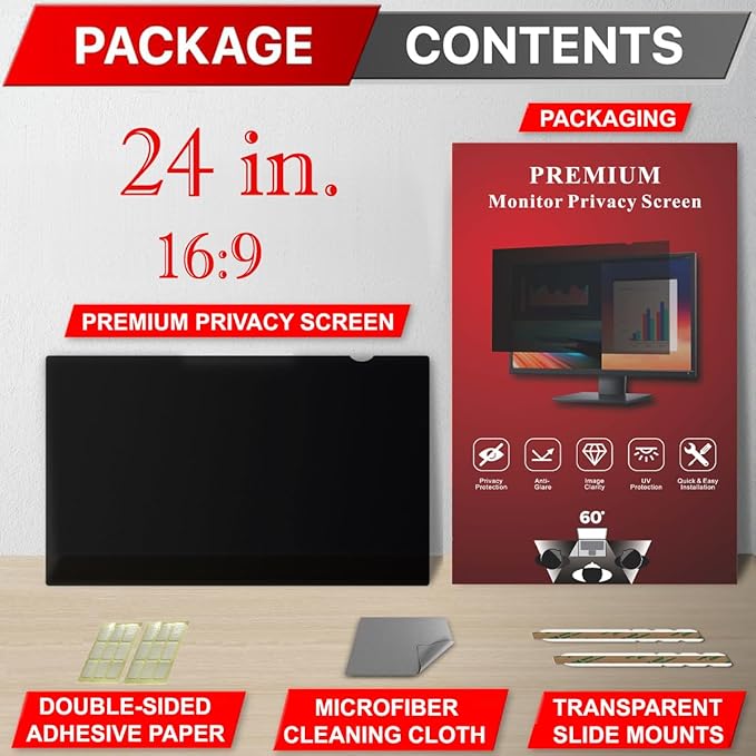 24 Inch Privacy Screen Filter for Widescreen 16:9 Monitor | Privacy Shield | Anti-Glare | Anti-Blue light Protector | Anti-SPY | Eye Protection | Computer Security Private Filter