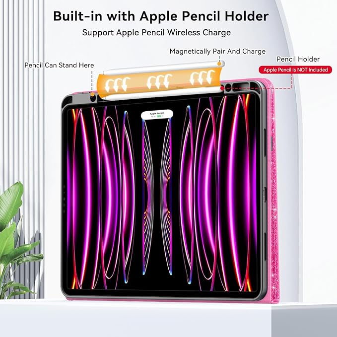 Zonefoker Case for New iPad Pro 12.9 inch 6th/5th/4th/3rd Generation 2022/2021/2020/2018, 12.9'' ipad Pro Leather Protective Cover 6/5/4/3 Gen with Pencil Holder, Auto Wake/Sleep, Glitter Pink