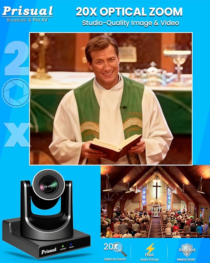 Prisual PTZ Camera System Gen 5, Advanced AI Auto Tracking, 20X Optical Zoom, PoE HDMI SDI Bundle PTZ for Church Worship Conference, PTZ Controller, (PTZ Bundle TEM-20S PROx2+TEM-JOY1)